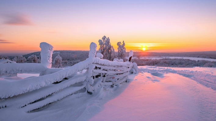 забор снег зима закат the fence snow winter sunset