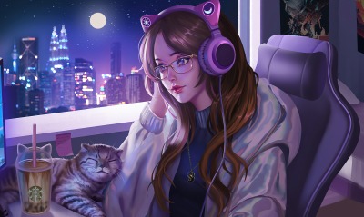 девушка кот аниме за компьютером наушники ночь