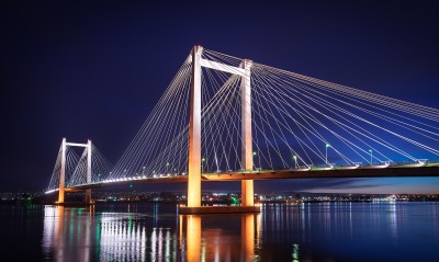 мост ночь река тросса подсветка огни