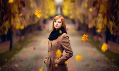 девушка осень пальто кленовые листья аллея