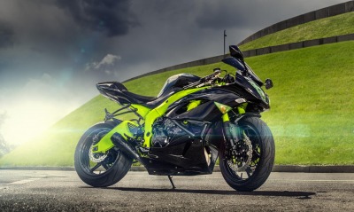 мотоцикл зеленый дорога холм