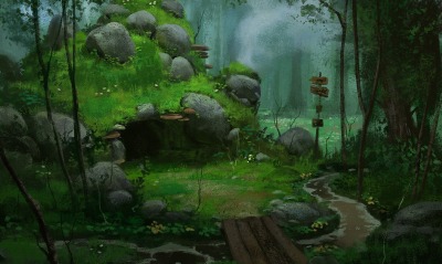 сказка арт настроение рисунок холм камни лес ручей