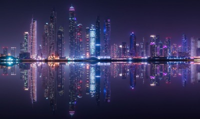 панорама эмираты небоскребы город огни отражение оаэ