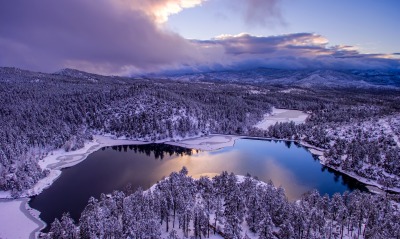 озеро снег зима лес