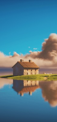 дом остров вода облака иллюстрация